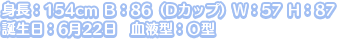 身長：154cm Ｂ：86（Dカップ）Ｗ：57 Ｈ：87
誕生日：6月22日　血液型：Ｏ型