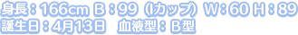 身長：166cm Ｂ：99（Iカップ）Ｗ：60 Ｈ：89
誕生日：4月13日　血液型：Ｂ型